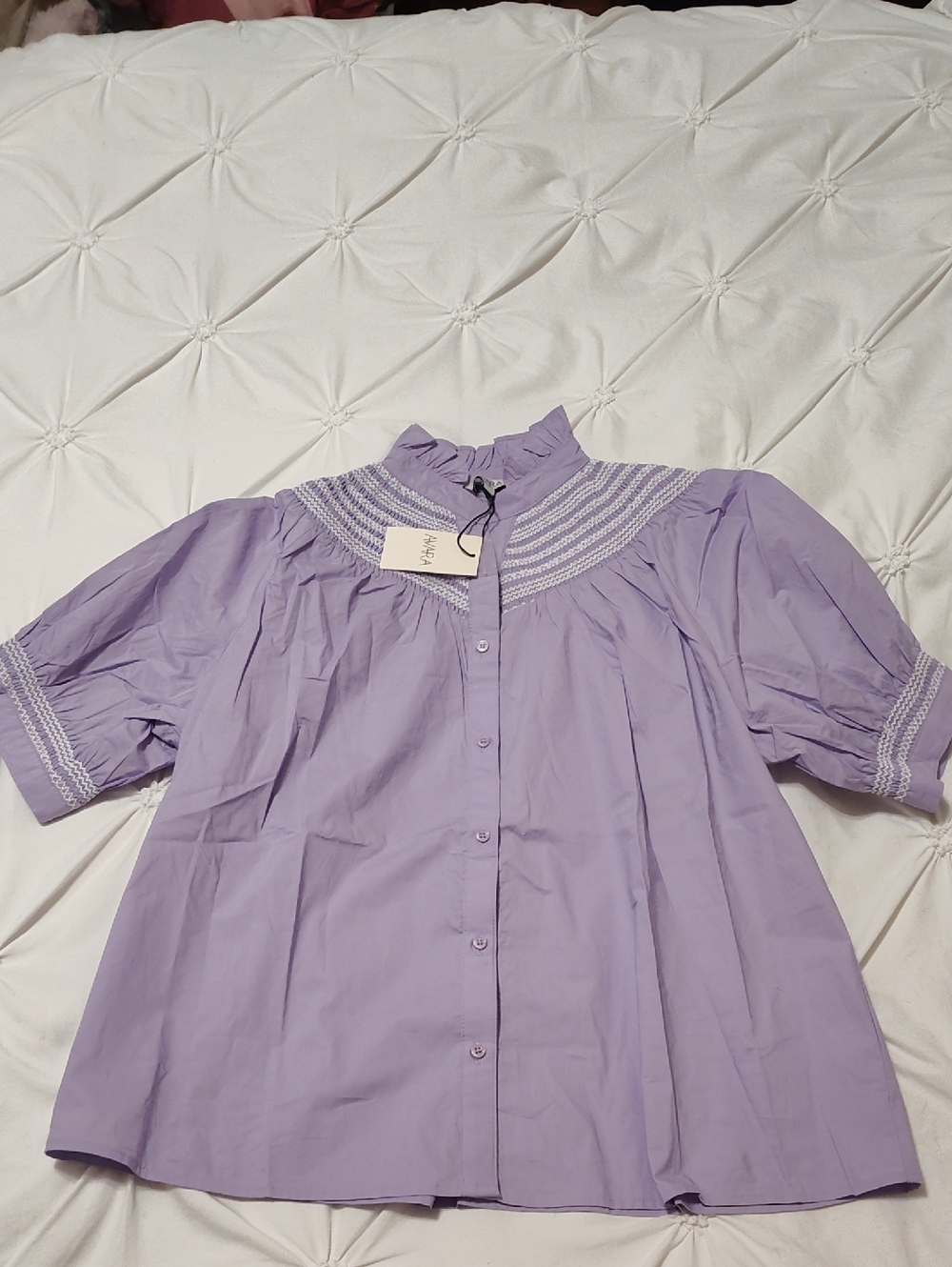 Lavender Smocked Yoke Blouse with Ruffle Collar